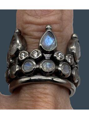 Hespera Jewelry 6 Pointed Crown Ring Gunmetal With Faux Teardrop Pave Moonstones